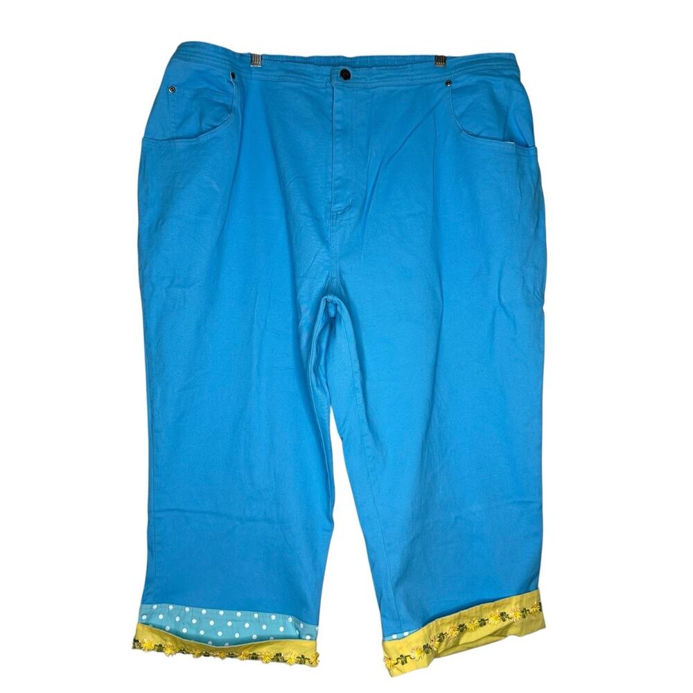 Quacker Factory 3X Aqua Pockets Embroidered Elastic Capris Floral Cuffed New